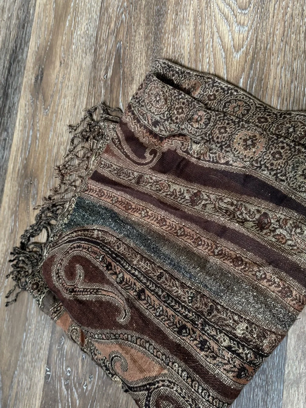 Boho Paisley Rayon Fringe Scarf in Brown & Tan